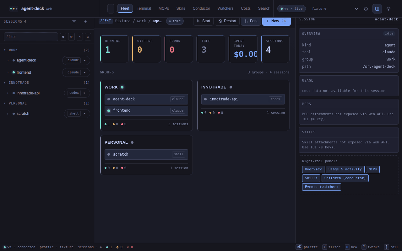 Agent Deck fleet dashboard showing grouped coding-agent sessions and activity