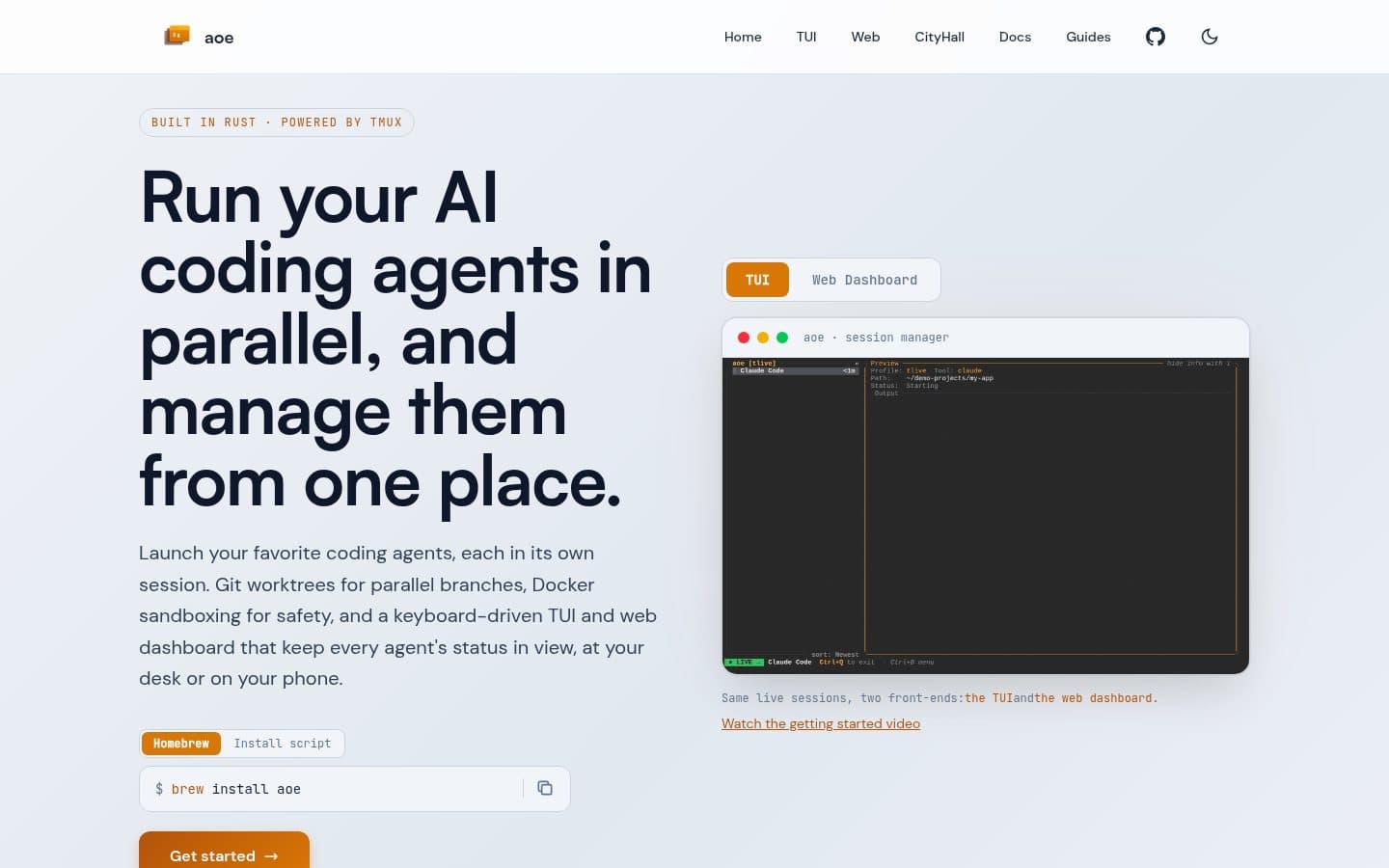 Agent of Empires website showing its terminal session manager