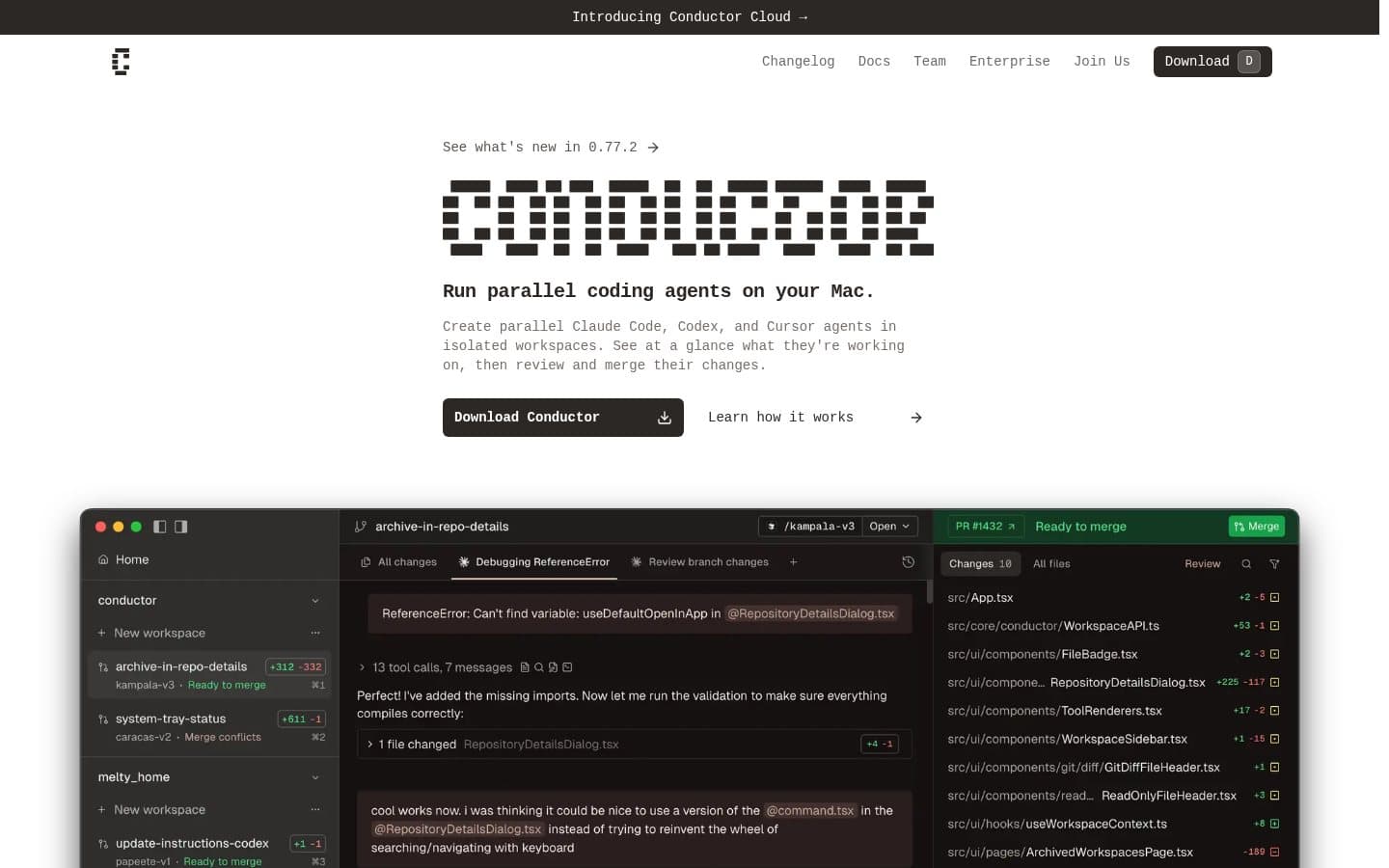 Conductor website showing its native coding-agent workspace