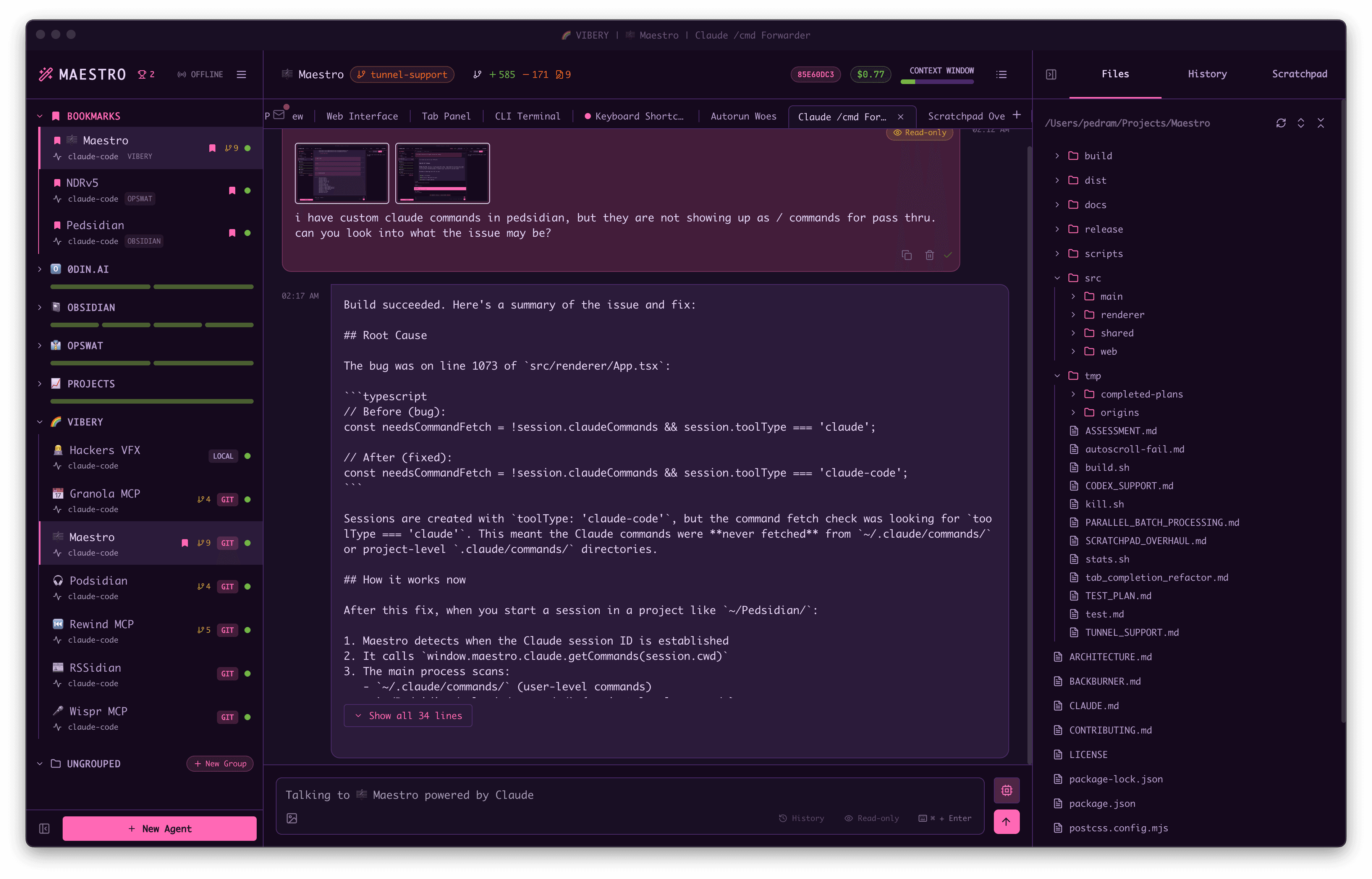 Maestro product interface with agent groups, conversation, files, and activity