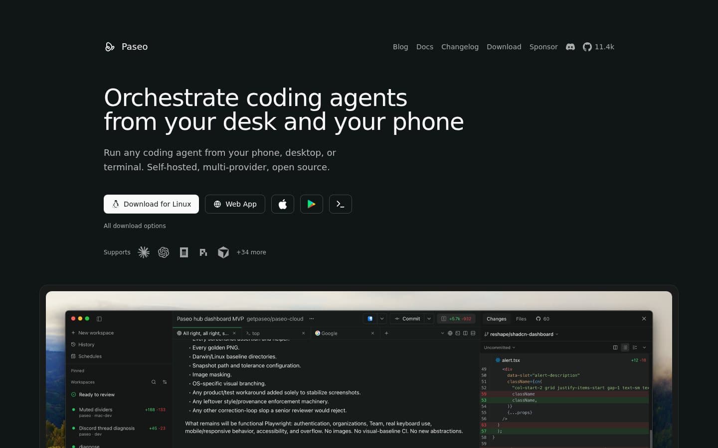 Paseo website showing its desktop and mobile coding-agent control surfaces