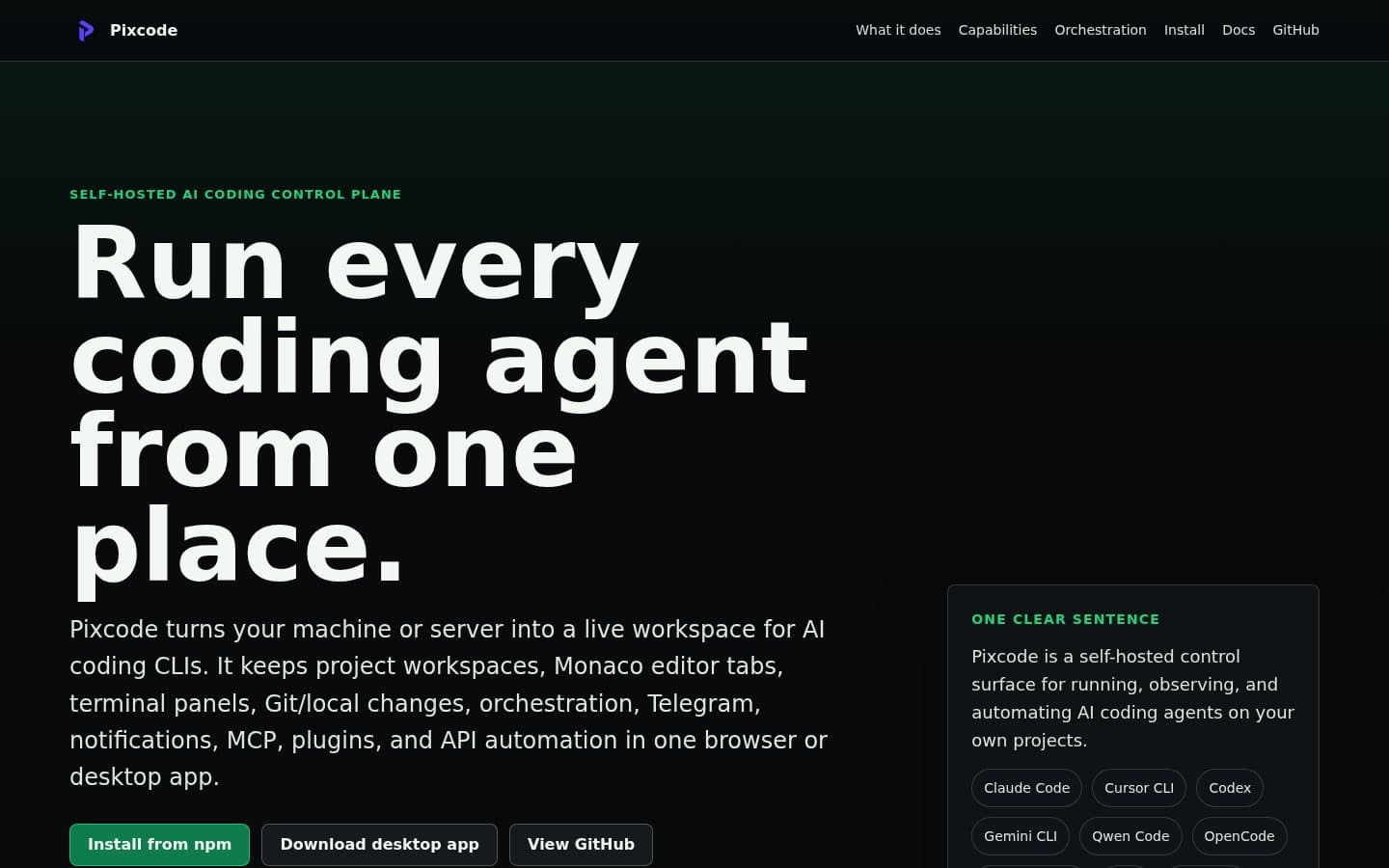 Pixcode website showing its programmable coding-agent workspace