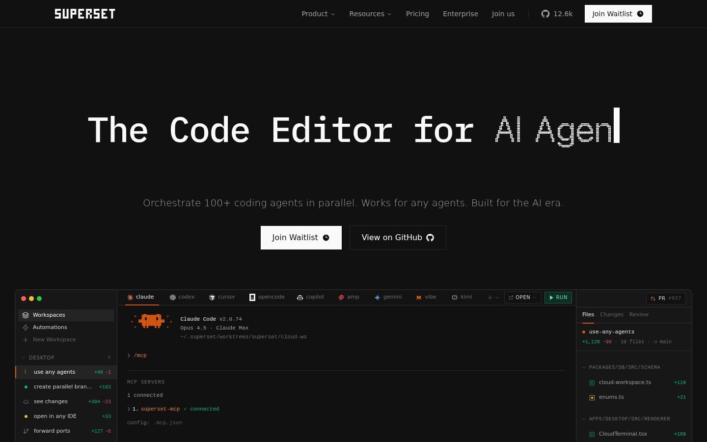Superset website showing its parallel coding-agent workspace