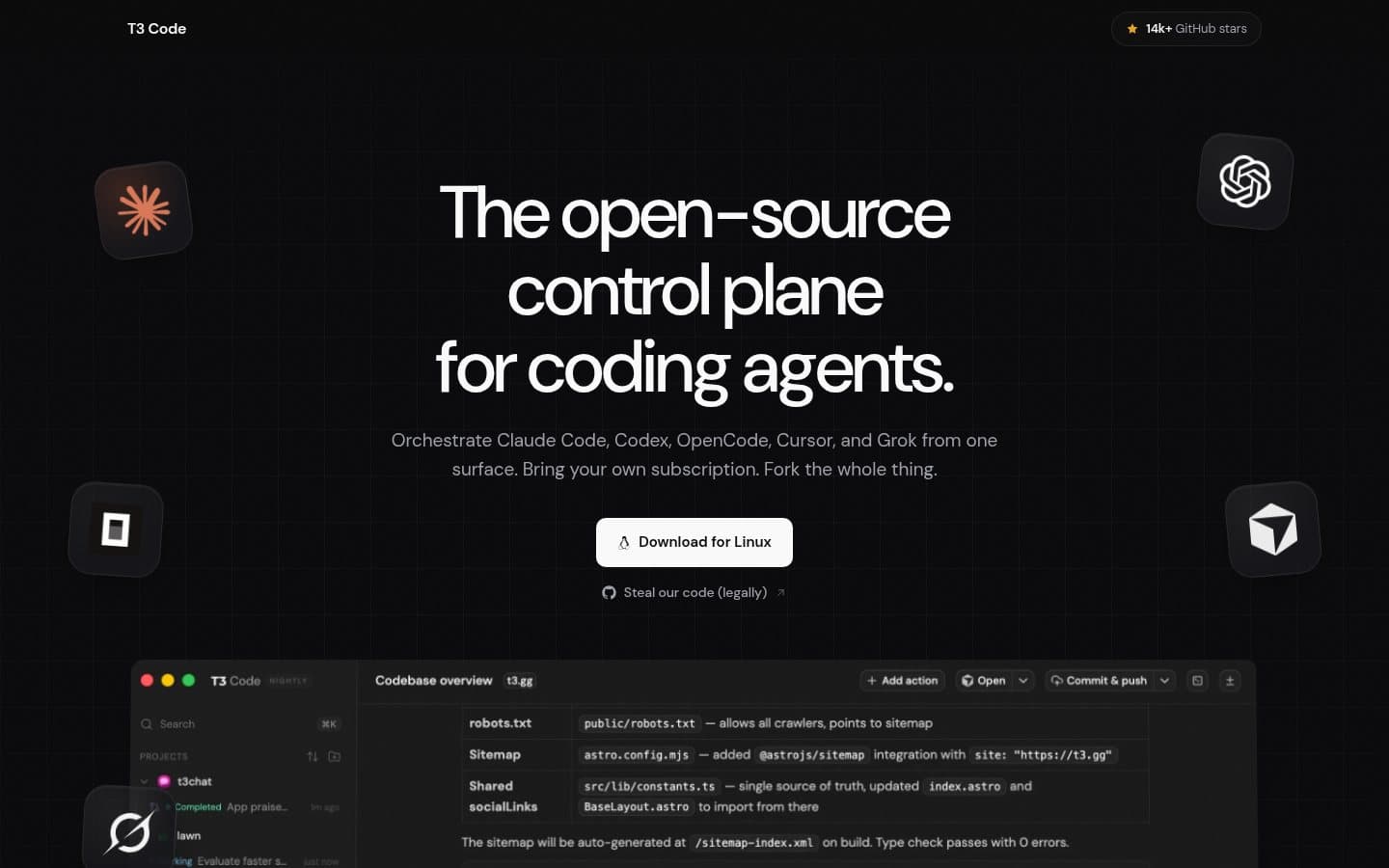 T3 Code website showing its coding-agent control plane interface